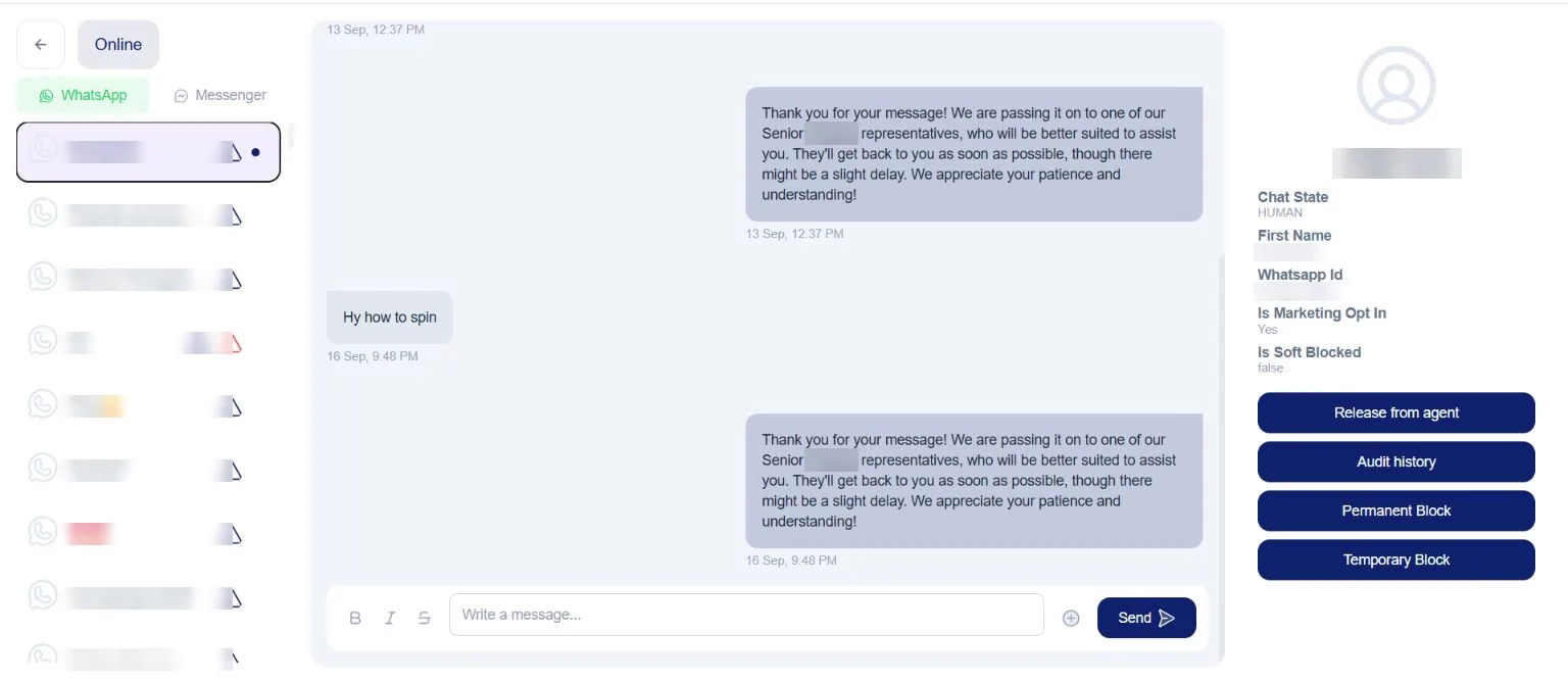 A live conversation in the Sophia console, with customer identities redacted