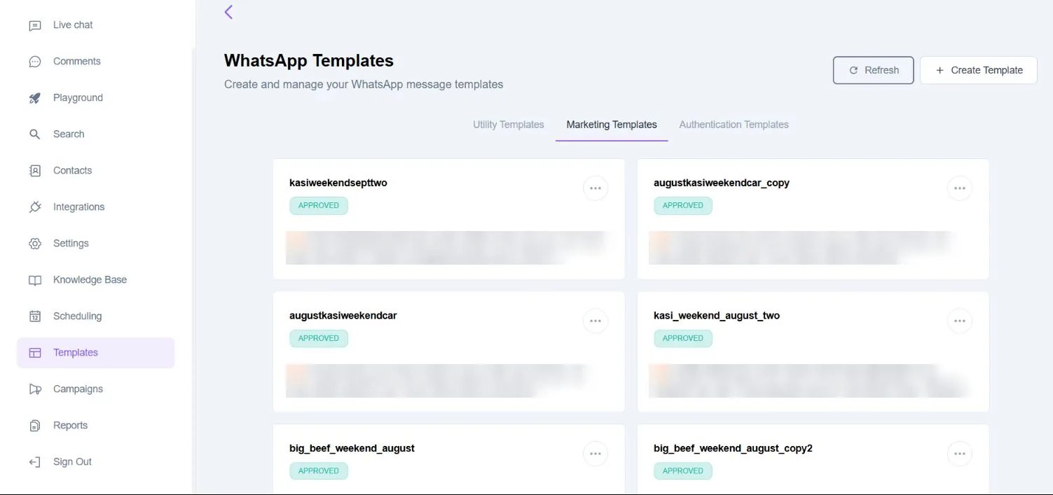 Approved WhatsApp message templates in the Sophia console, with customer campaign copy redacted
